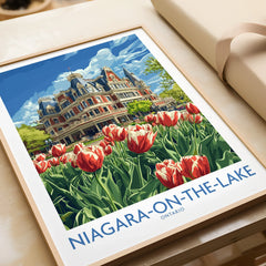 Niagara-on-the-Lake travel poster with tulips & historic hotel, Ontario wall art print