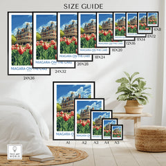 Niagara-on-the-Lake travel poster size guide with tulips & historic building, wall art for home decor