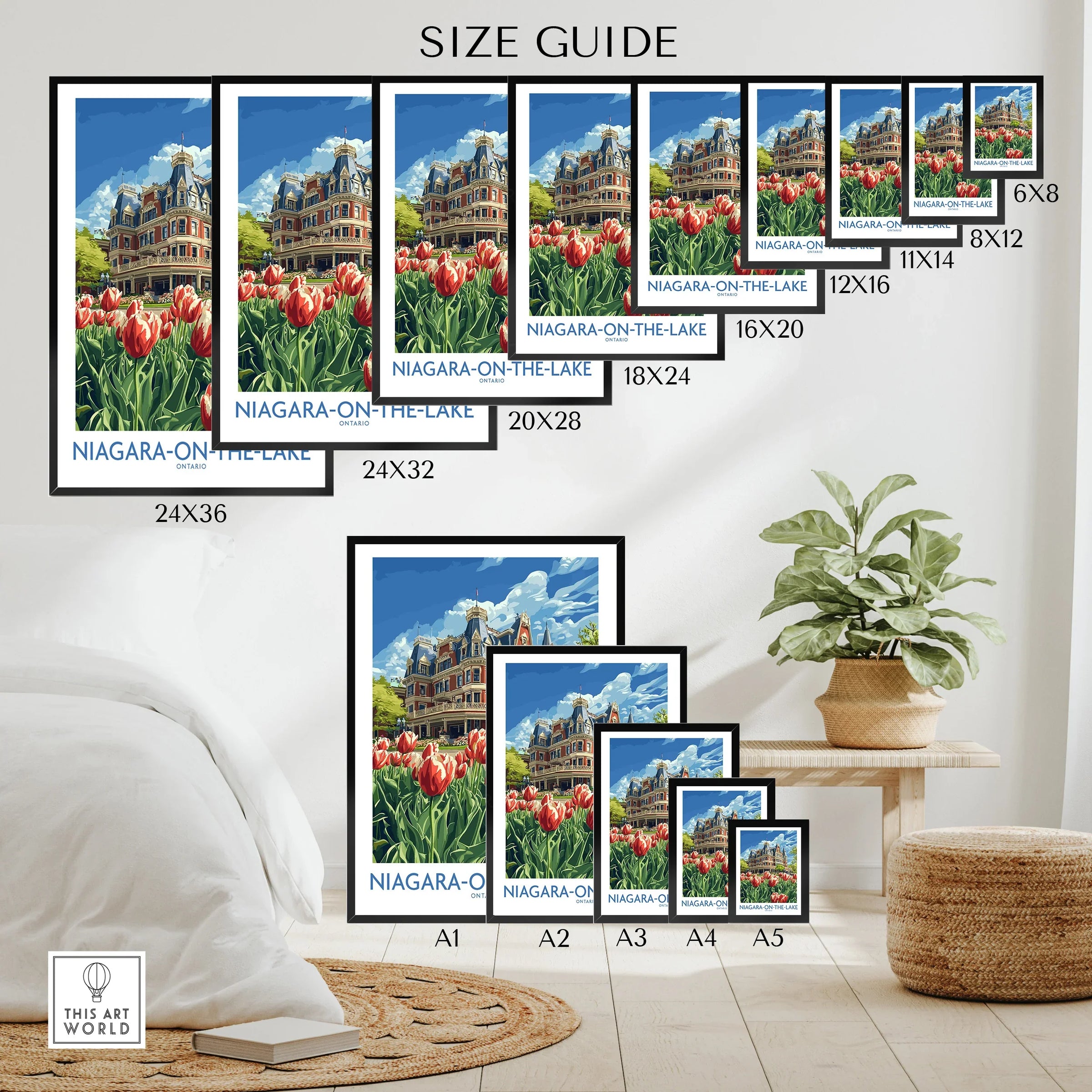 Niagara-on-the-Lake travel poster size guide with tulips & historic building, wall art for home decor