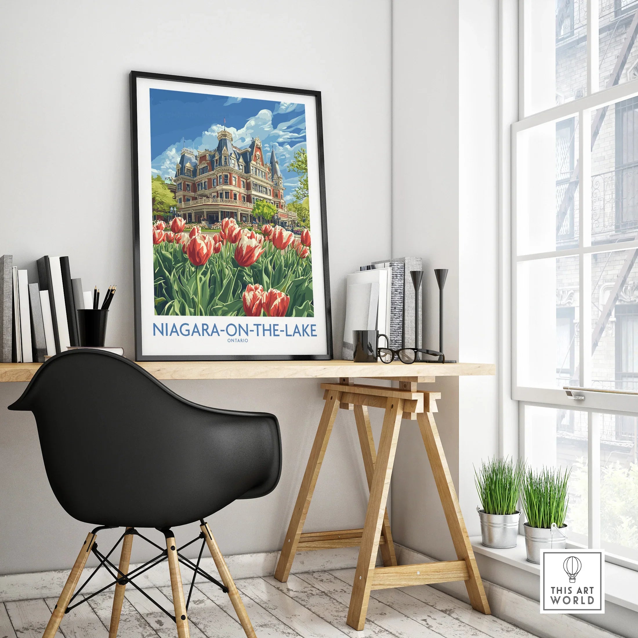 Niagara-on-the-Lake travel poster with historic hotel and tulips, perfect wall art for home decor