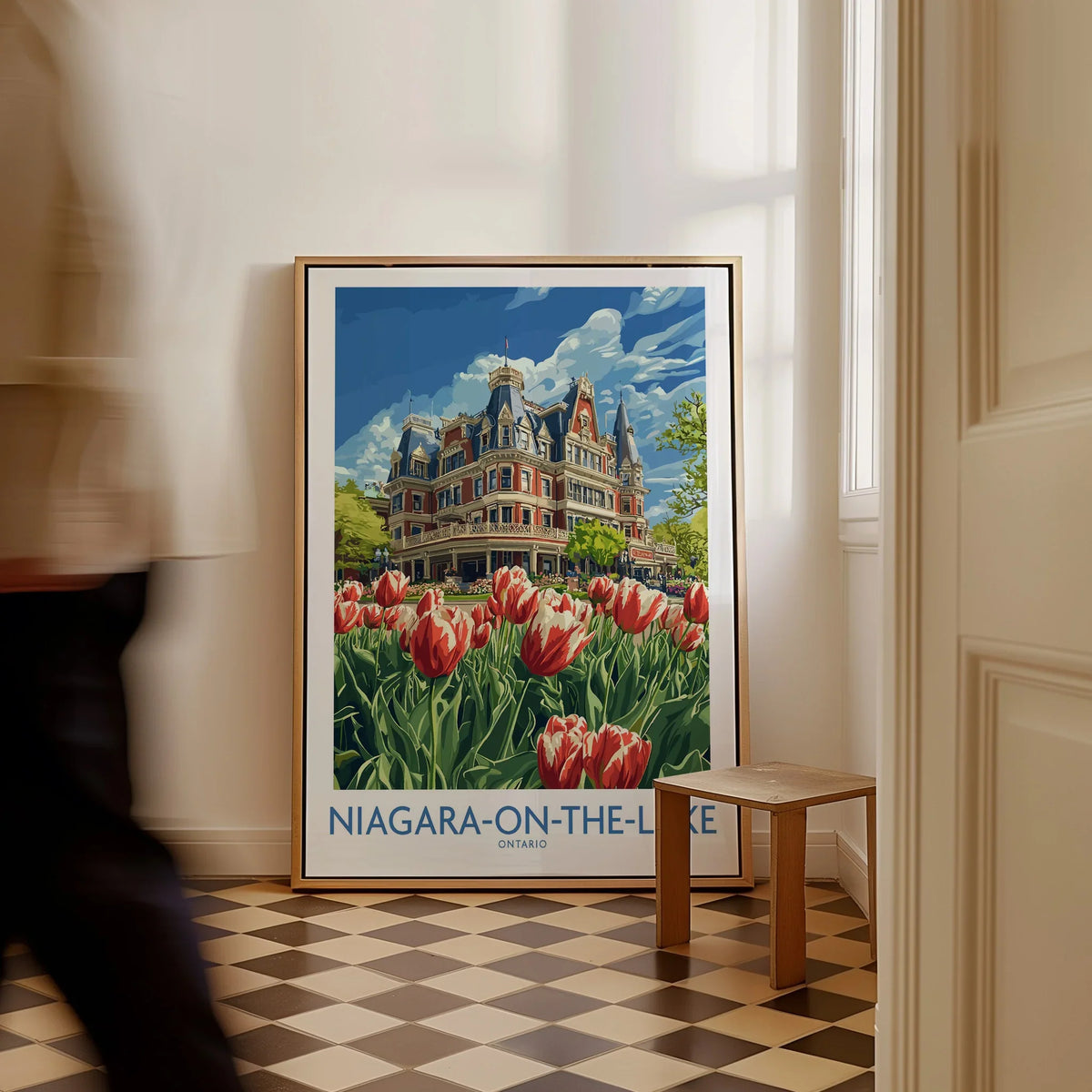 Niagara-on-the-Lake travel poster with tulips & historic hotel, Ontario wall art for home decor