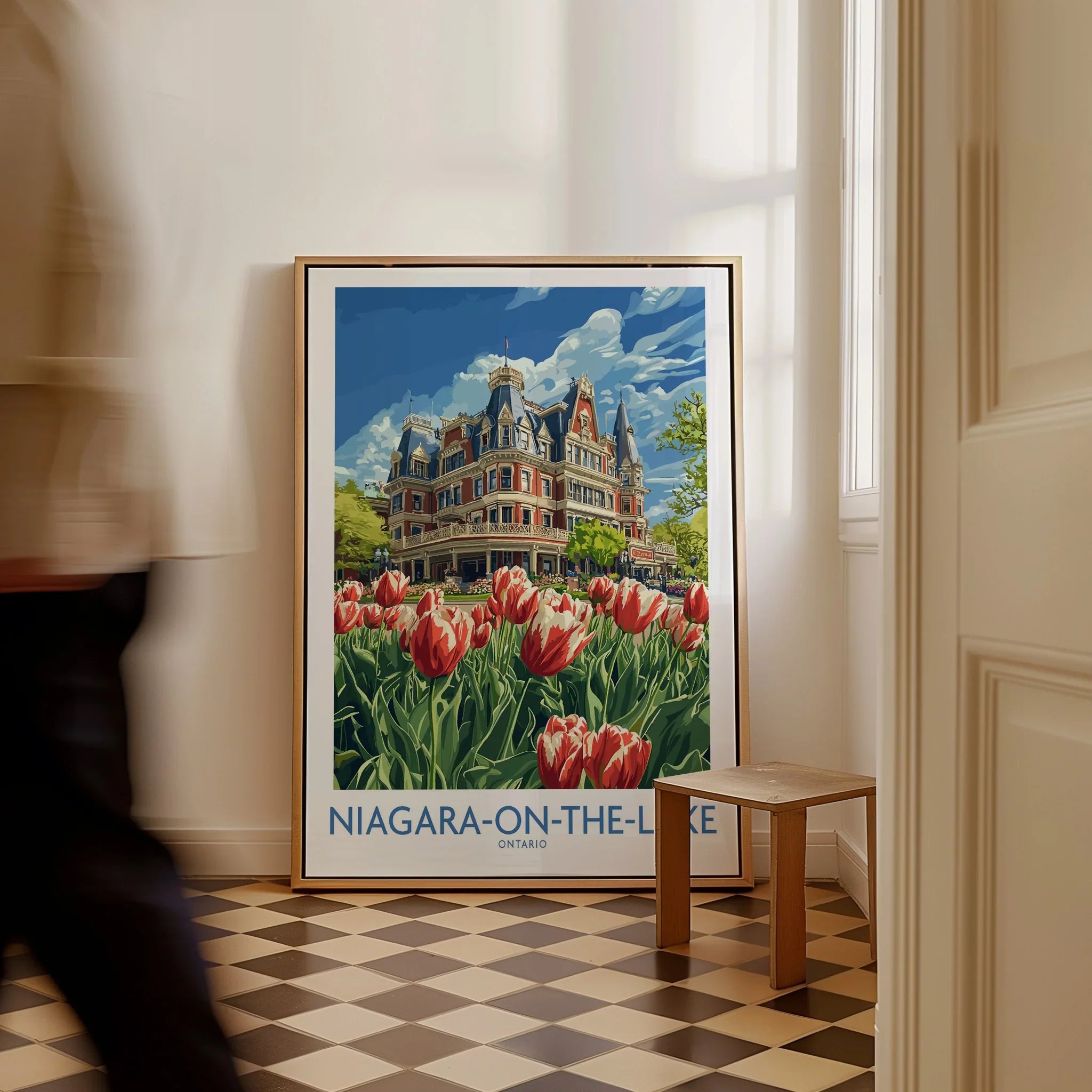 Niagara-on-the-Lake travel poster with tulips & historic hotel, Ontario wall art for home decor