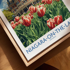 Niagara-on-the-Lake travel poster with red tulips and historic building, Ontario wall art print