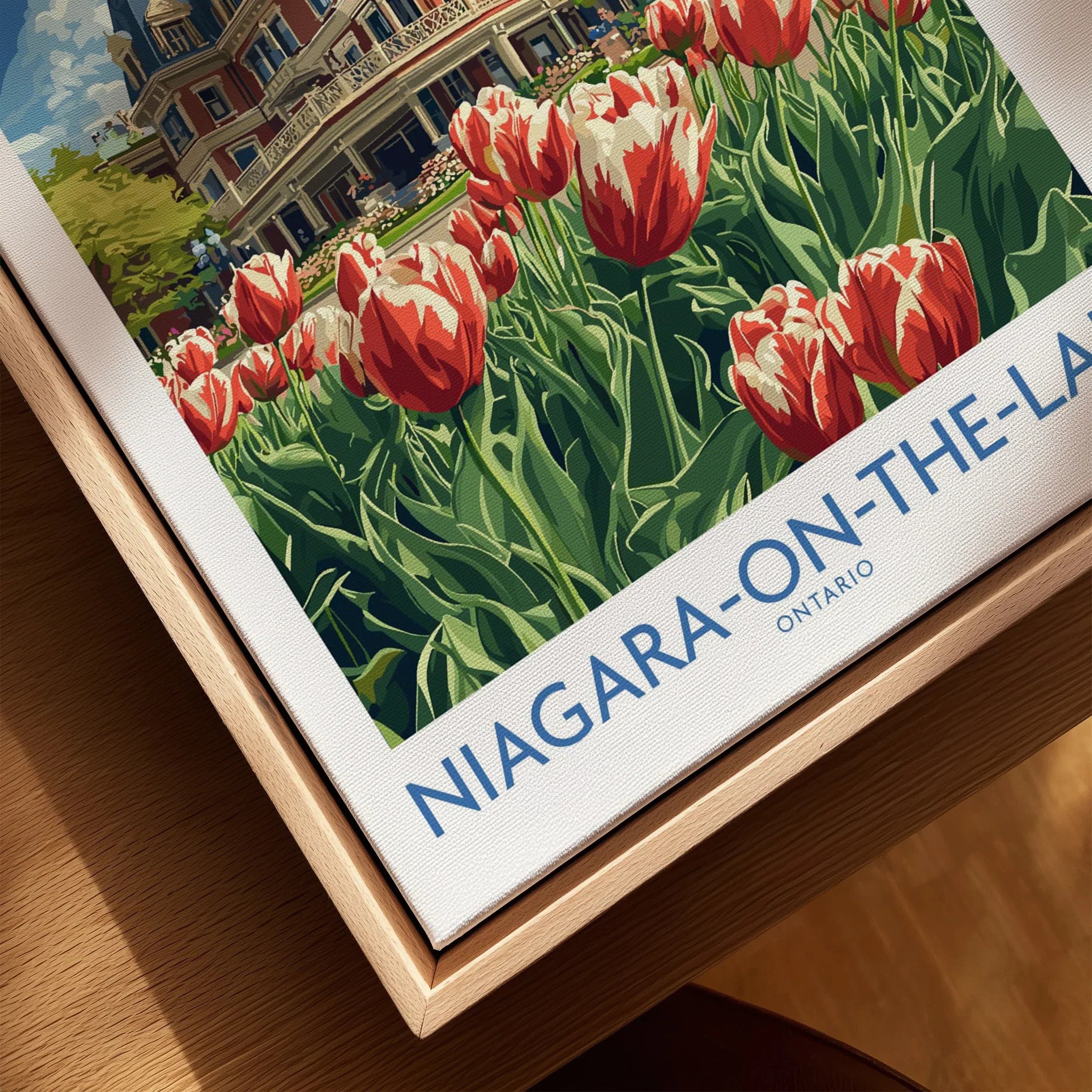 Niagara-on-the-Lake travel poster with red tulips and historic building, Ontario wall art print