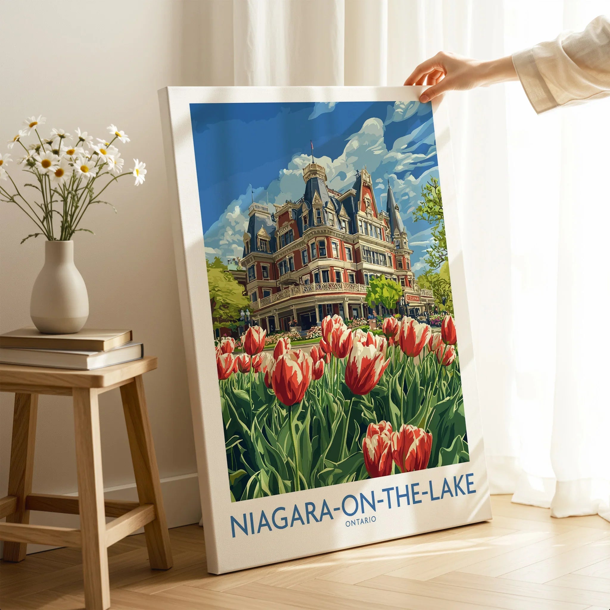 Niagara-on-the-Lake travel poster with tulips and historic hotel, perfect wall art for home decor