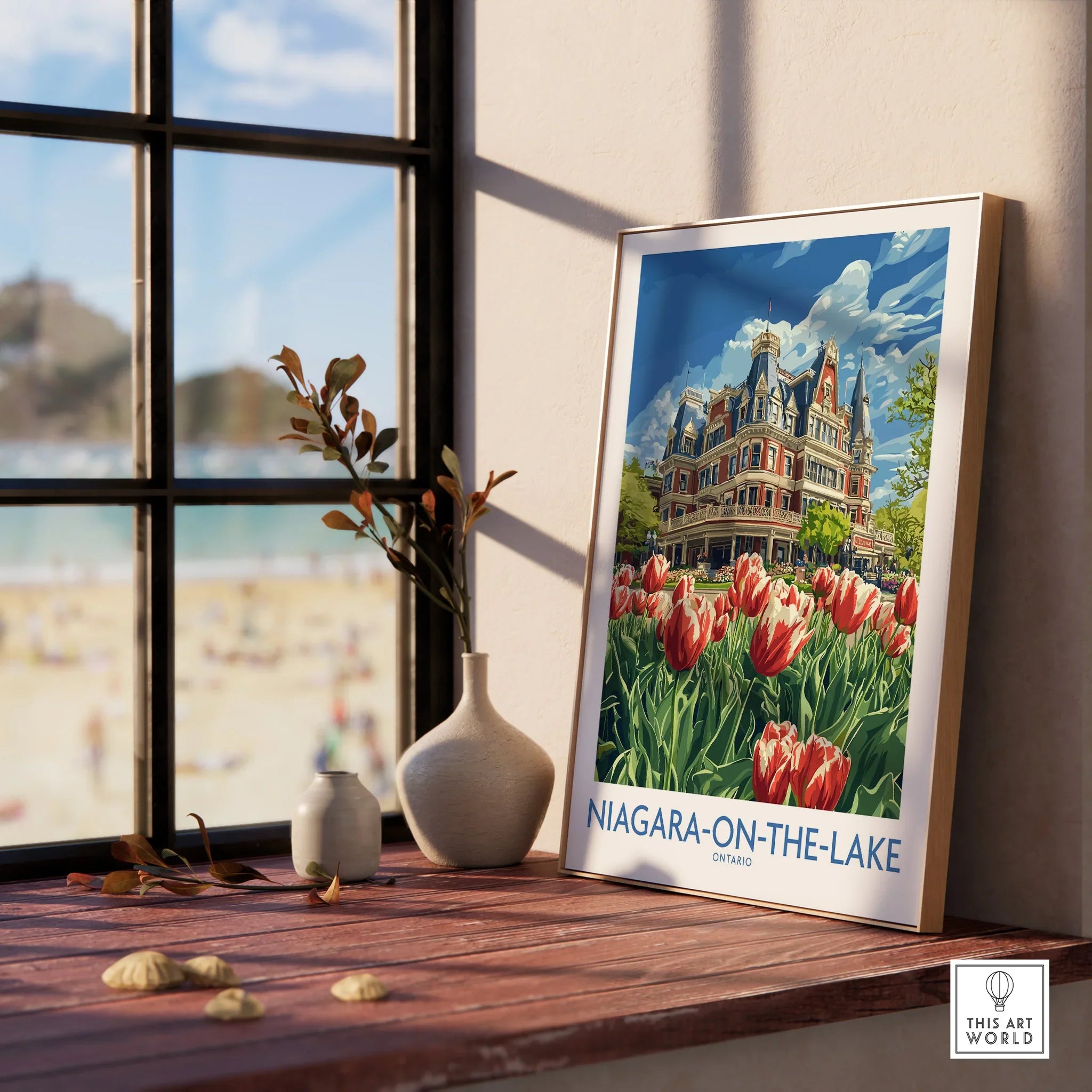 Niagara-on-the-Lake travel poster with tulips and historic hotel, perfect wall art for home decor
