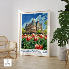 Niagara-on-the-Lake travel poster with tulips & historic building, Ontario wall art for home decor