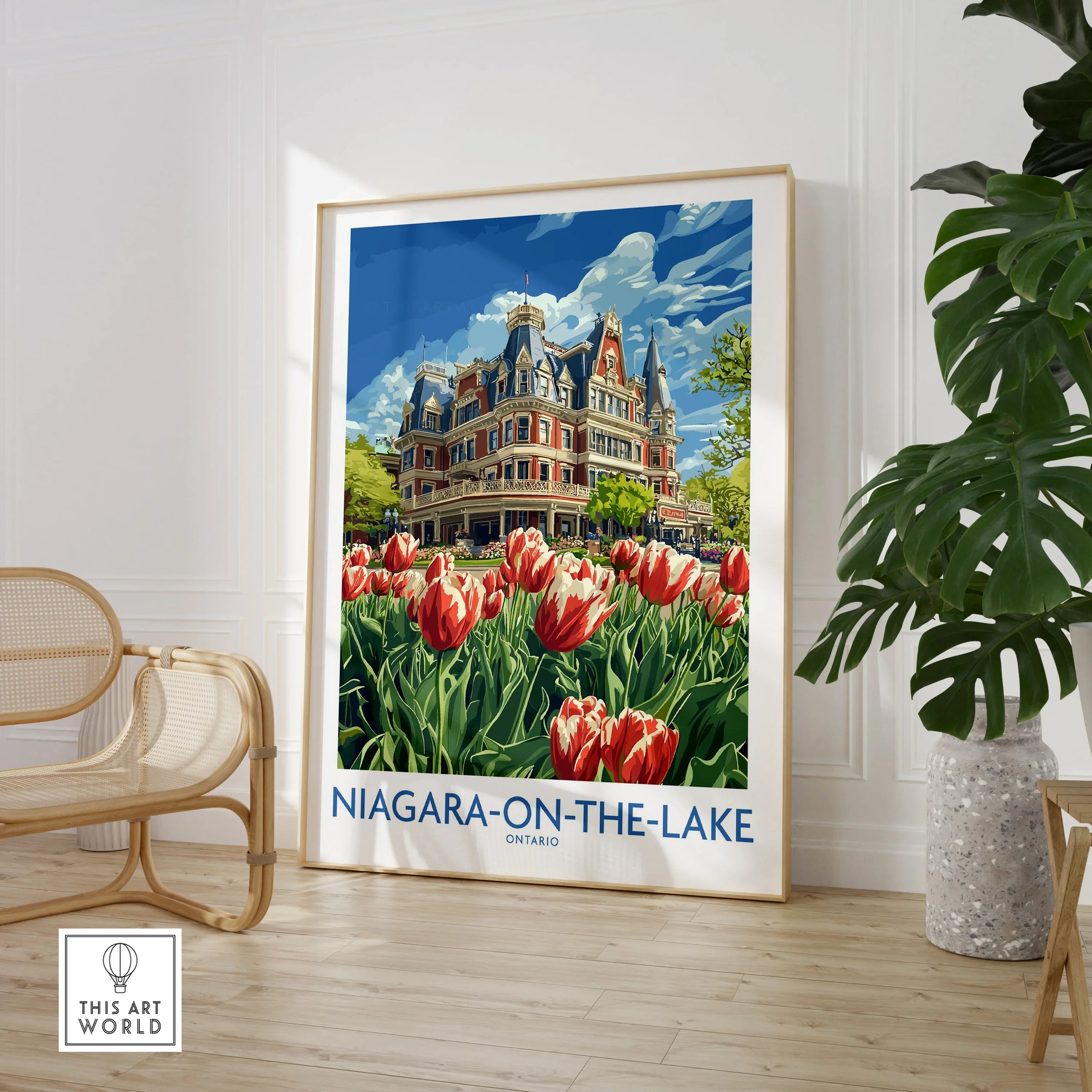 Niagara-on-the-Lake travel poster with tulips & historic building, Ontario wall art for home decor