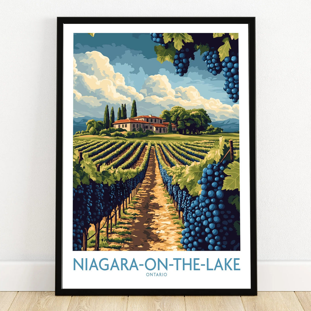 Niagara-on-the-Lake vineyard travel poster with grape clusters, winery, and scenic landscape art print