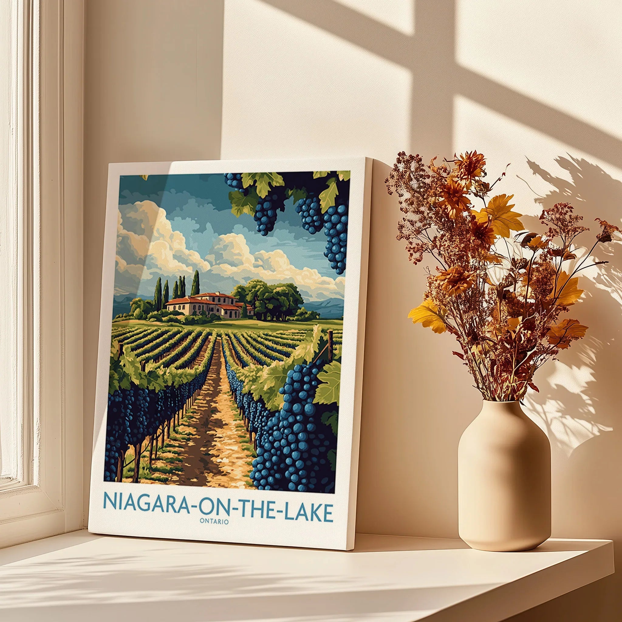 Niagara-on-the-Lake vineyard travel poster with grape clusters, perfect for home wall art decor
