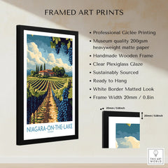 Framed Niagara-on-the-Lake vineyard art print with farmhouse, grapes, and sky – travel poster wall decor