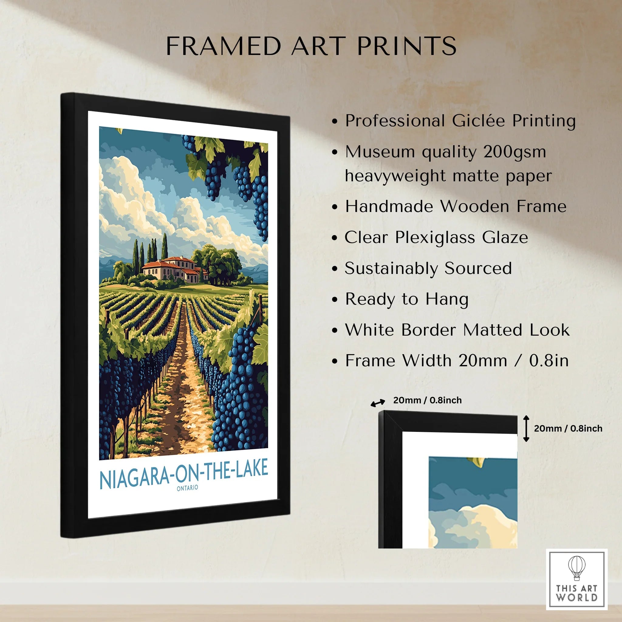 Framed Niagara-on-the-Lake vineyard art print with farmhouse, grapes, and sky – travel poster wall decor
