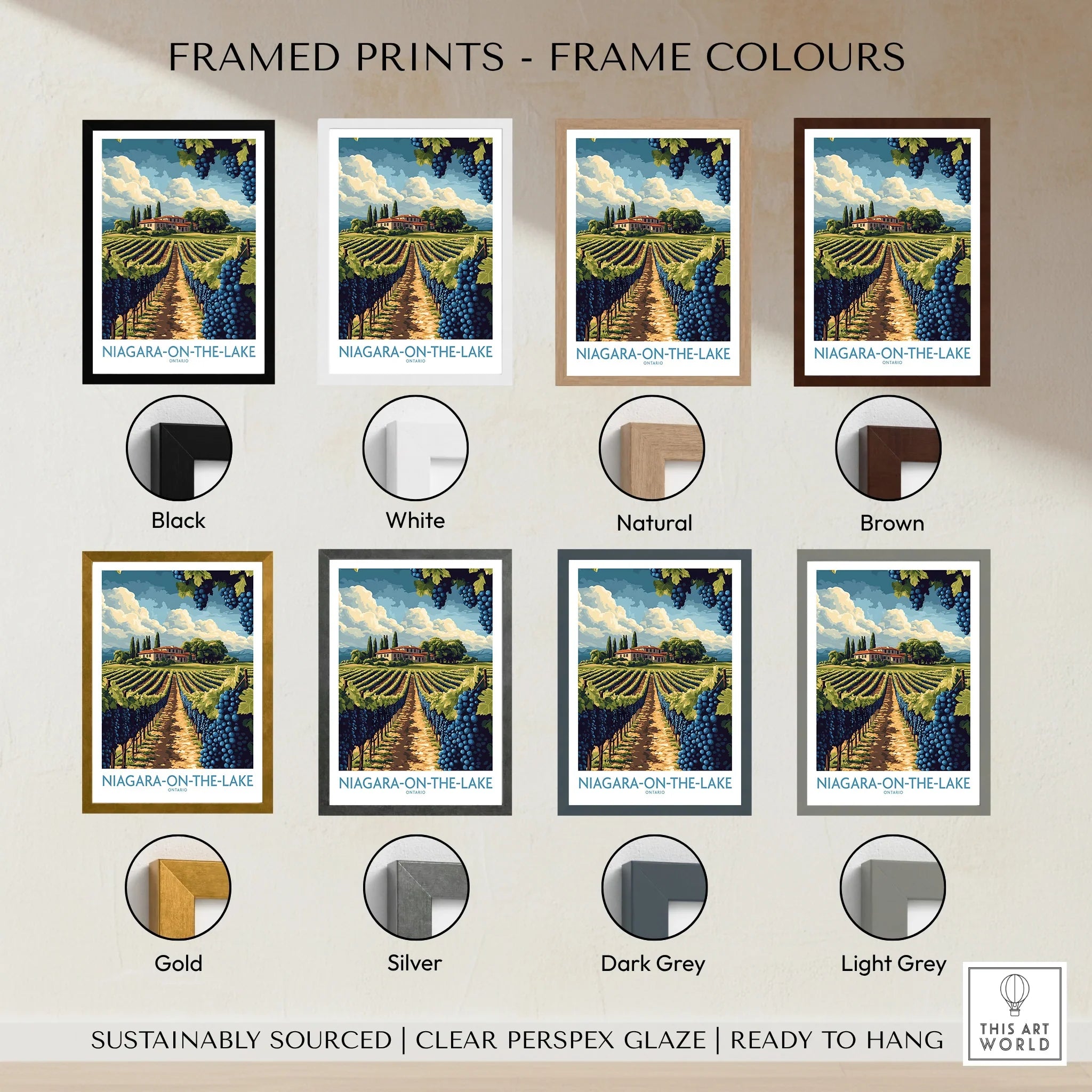 Niagara-on-the-Lake vineyard art print in 8 frame colors: black, white, natural, brown, gold, silver, dark grey, light grey
