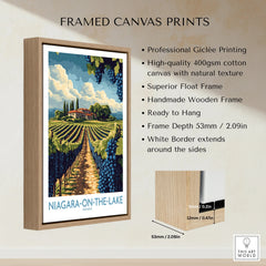 Framed canvas print of Niagara-on-the-Lake vineyard, travel poster art with wooden float frame for wall decor