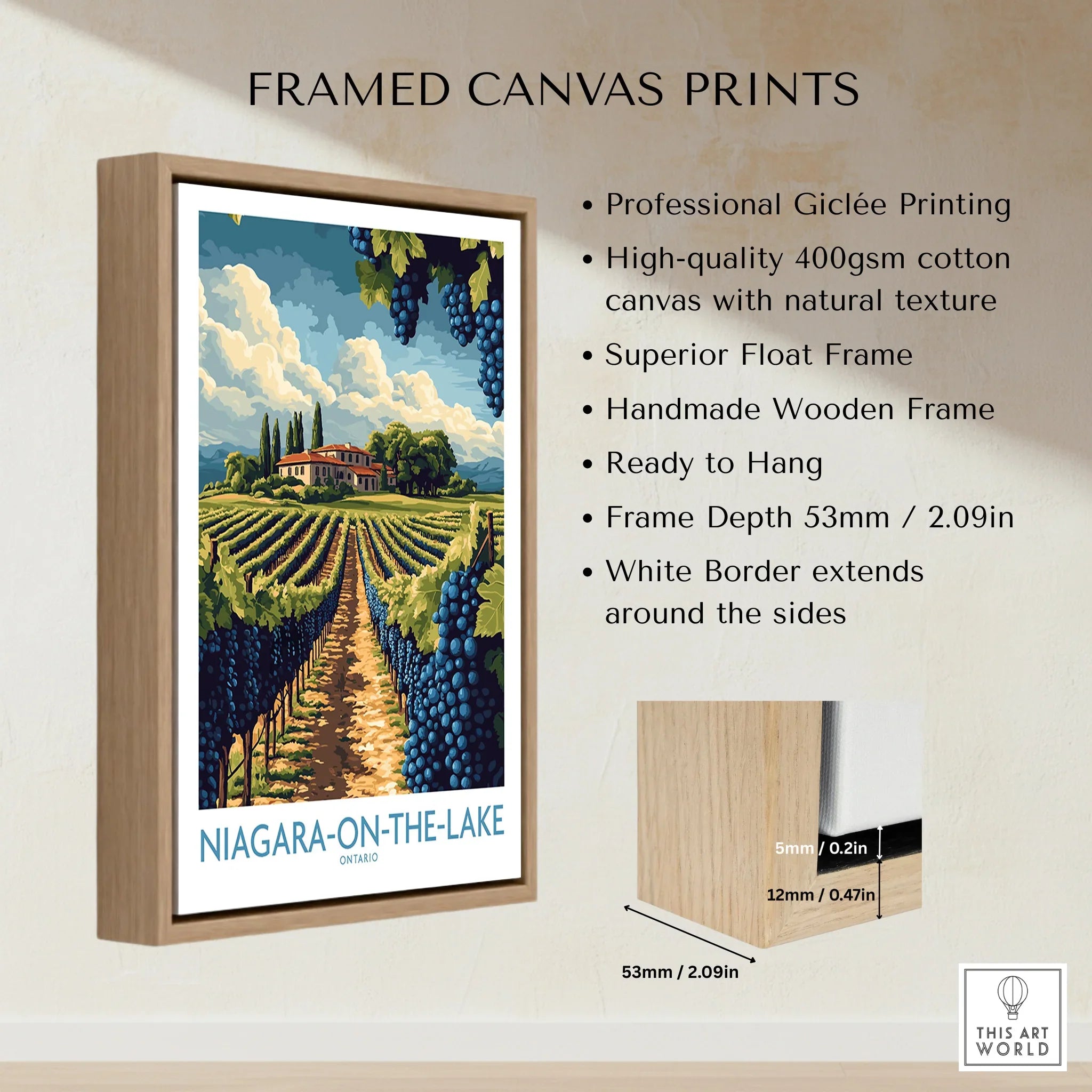 Framed canvas print of Niagara-on-the-Lake vineyard, travel poster art with wooden float frame for wall decor