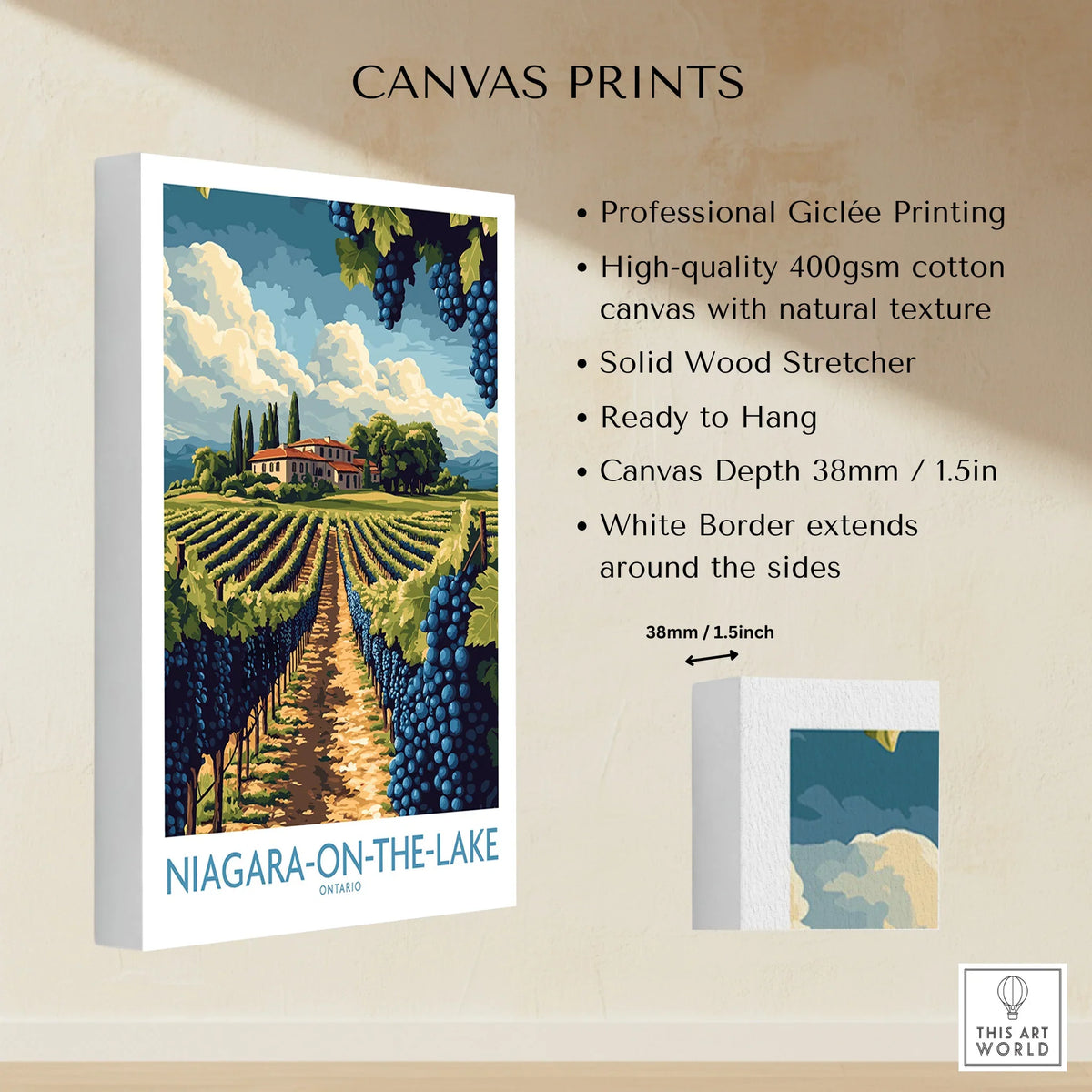 Niagara-on-the-Lake vineyard canvas print with grapes, farmhouse, and sky, ready to hang wall art