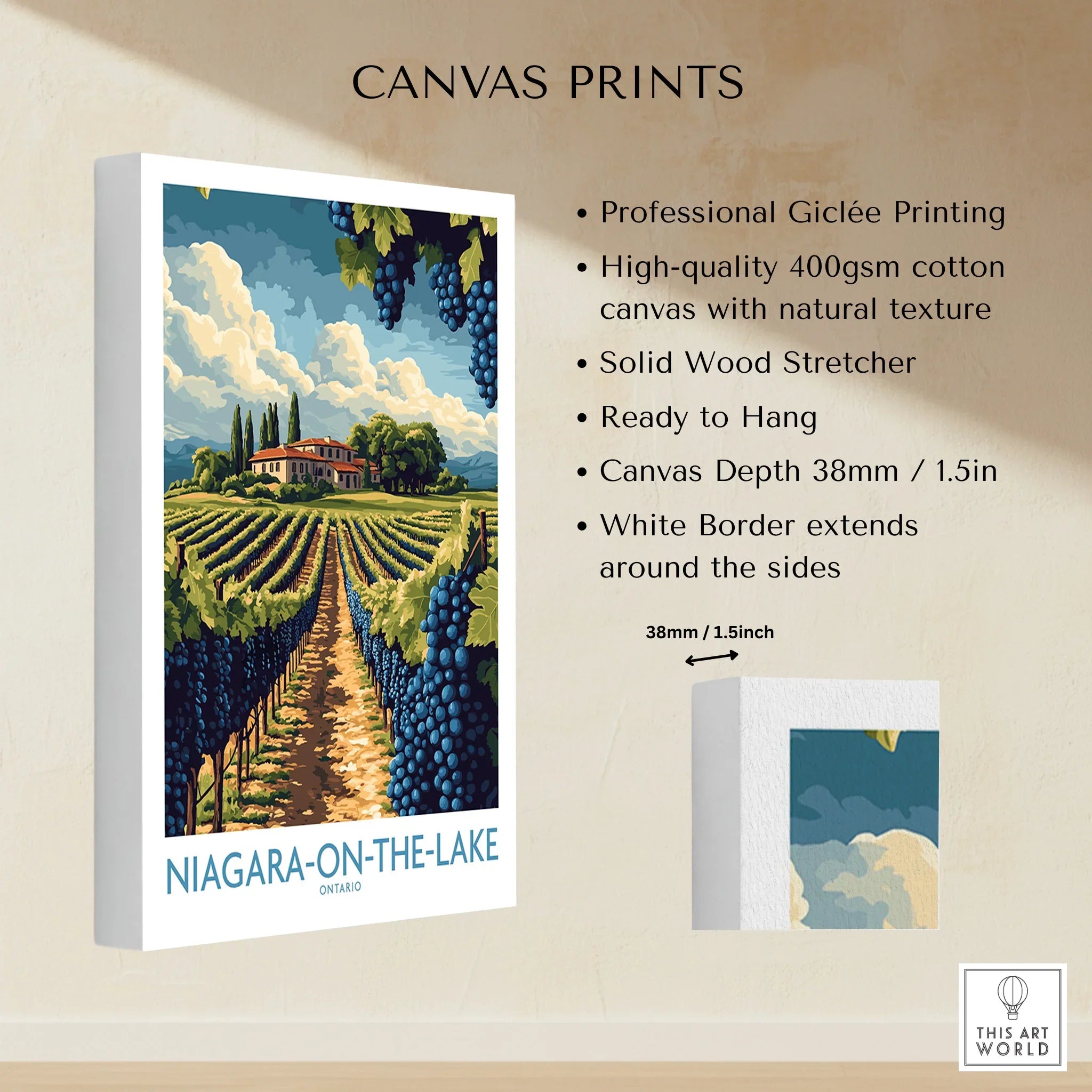 Niagara-on-the-Lake vineyard canvas print with grapes, farmhouse, and sky, ready to hang wall art
