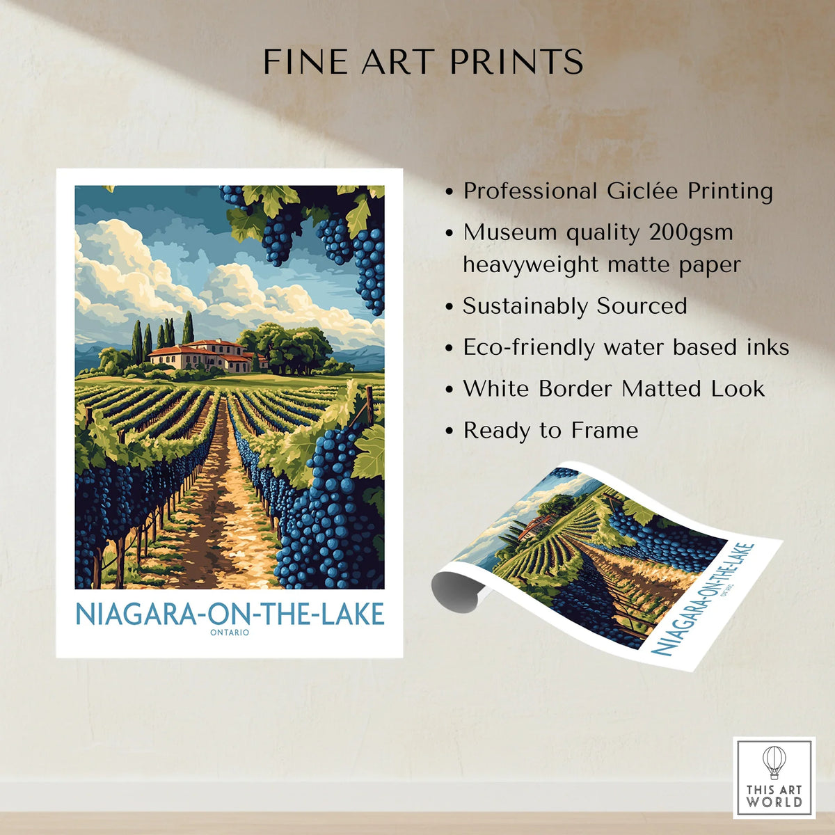 Niagara-on-the-Lake vineyard art print with winery, grapes, and white border, ready to frame