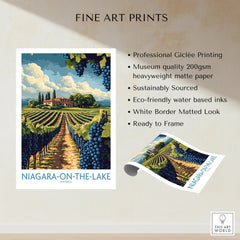 Niagara-on-the-Lake vineyard art print with winery, grapes, and white border, ready to frame
