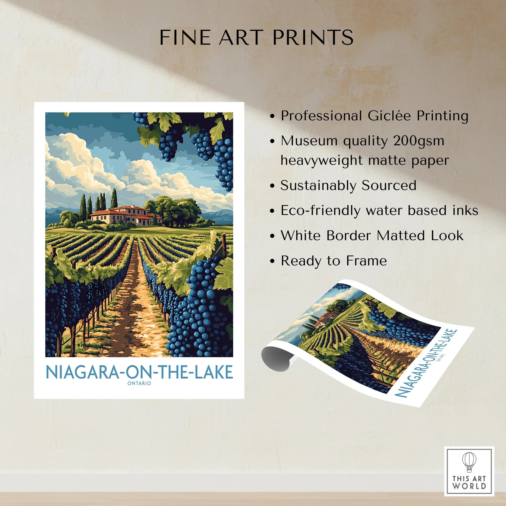 Niagara-on-the-Lake vineyard art print with winery, grapes, and white border, ready to frame