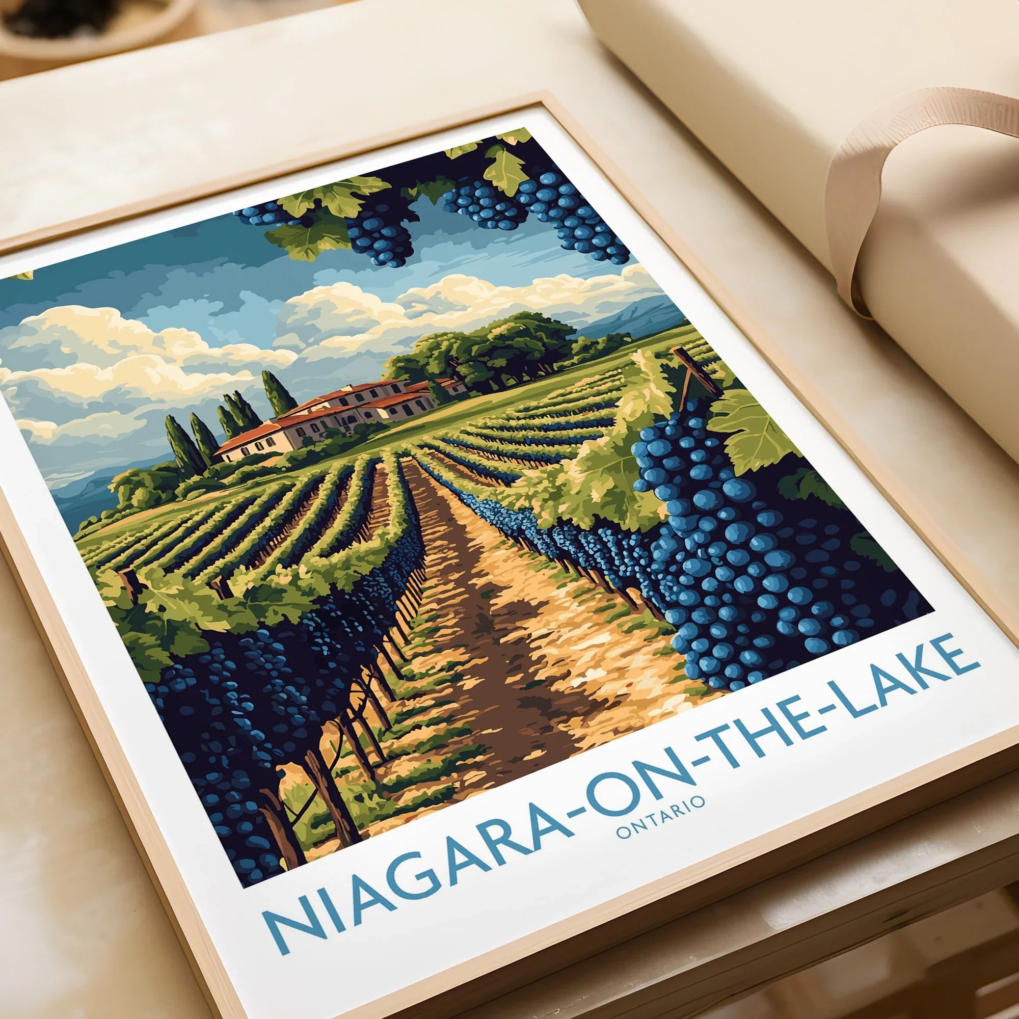 Niagara-on-the-Lake vineyard travel poster art, framed wall decor with grape clusters and winery scenery