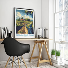 Niagara-on-the-Lake travel poster featuring vineyard rows, grapes, and a villa, perfect for home wall art decor.