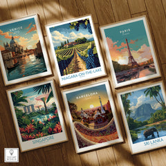Framed travel posters of Venice, Paris, Singapore, Barcelona, Sri Lanka, and Niagara-on-the-Lake for wall art decor