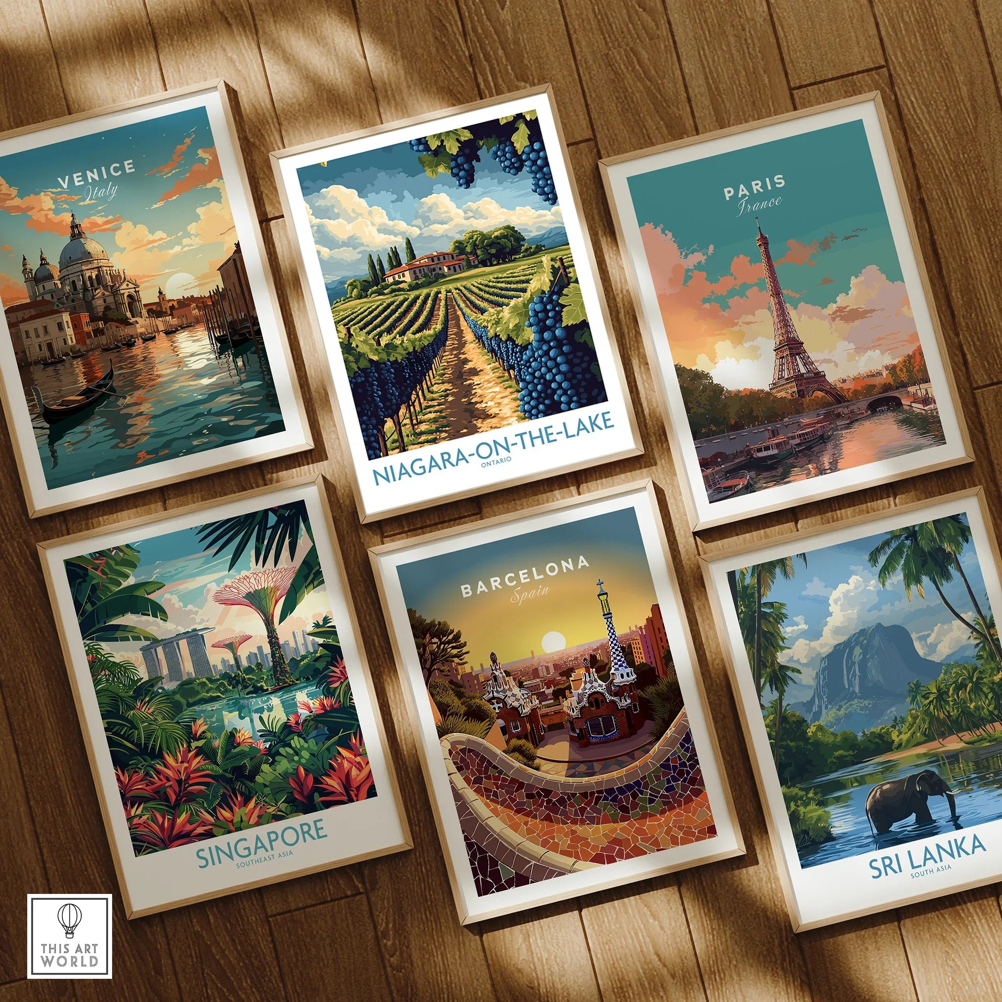 Framed travel posters of Venice, Paris, Singapore, Barcelona, Sri Lanka, and Niagara-on-the-Lake for wall art decor