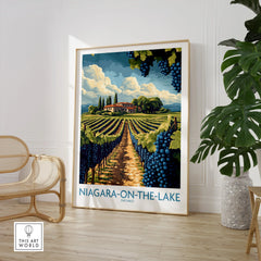 Niagara-on-the-Lake vineyard travel poster art, featuring grapevines, winery, and scenic landscape for home decor.