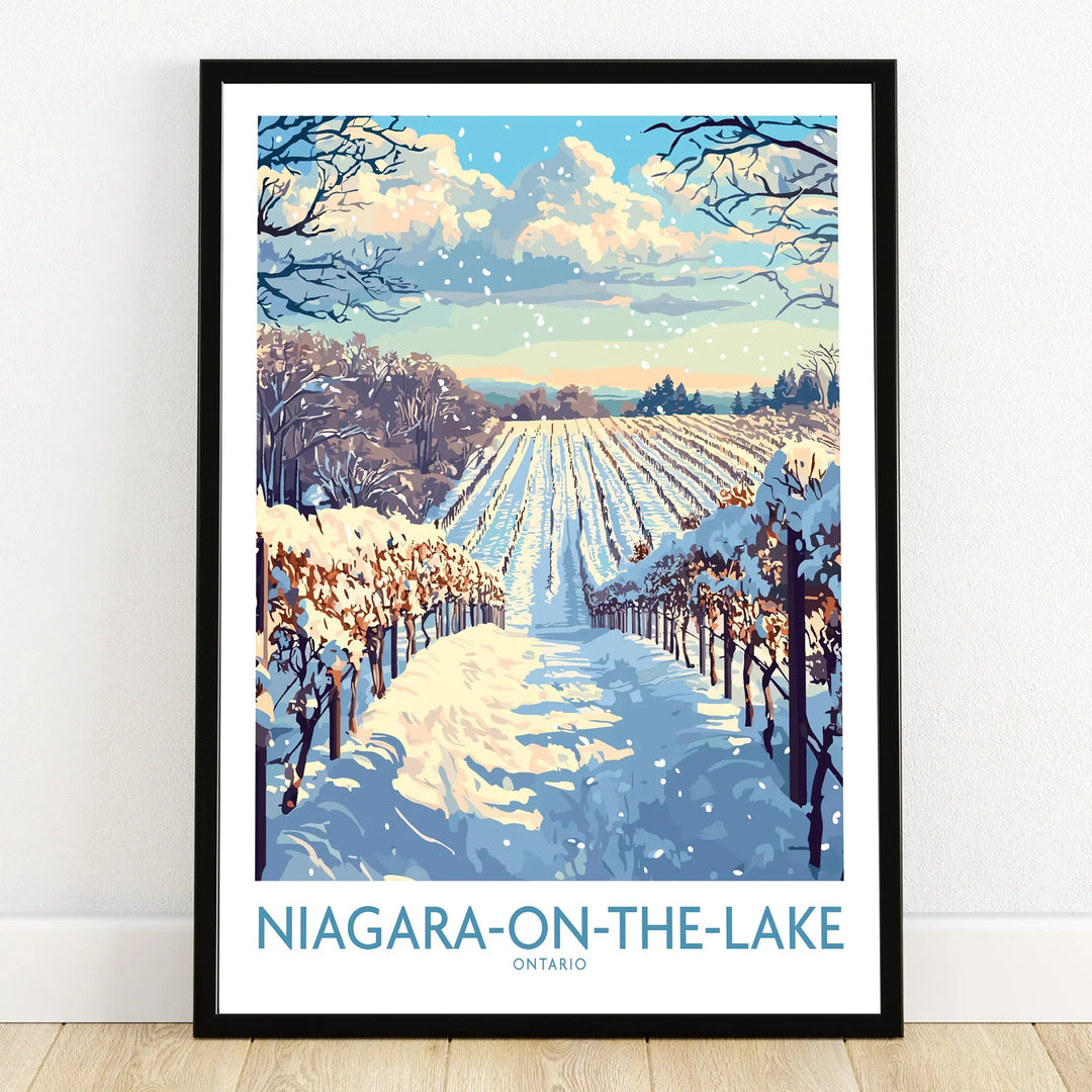 Niagara-on-the-Lake winter vineyard travel poster, Ontario wall art print with snowy landscape and blue sky