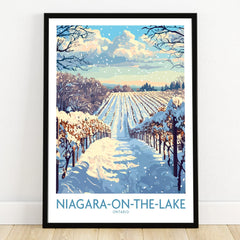 Niagara-on-the-Lake winter vineyard travel poster, Ontario wall art print with snowy landscape and blue sky