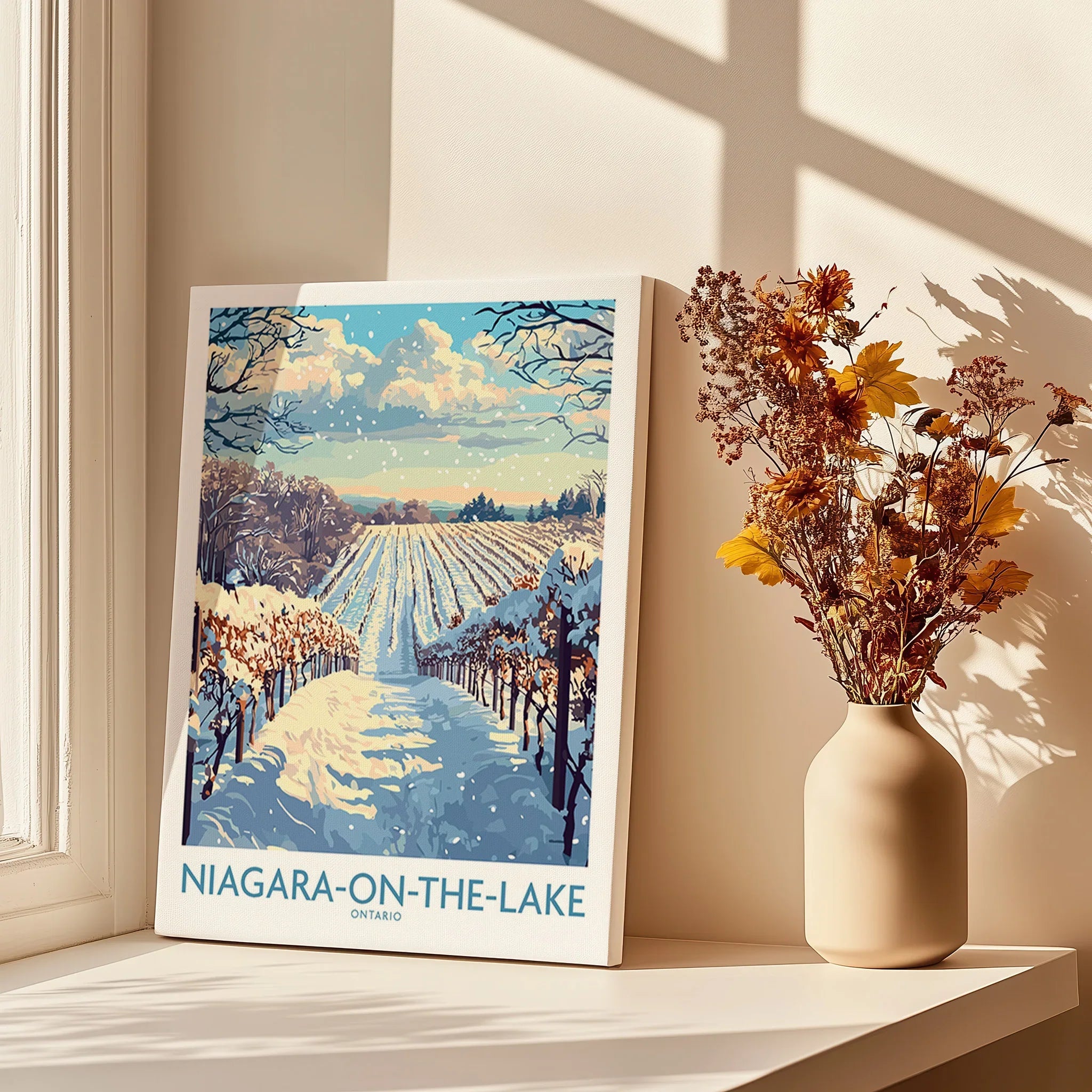 Niagara-on-the-Lake winter vineyard travel poster, Ontario wall art with snowy landscape and dried flowers