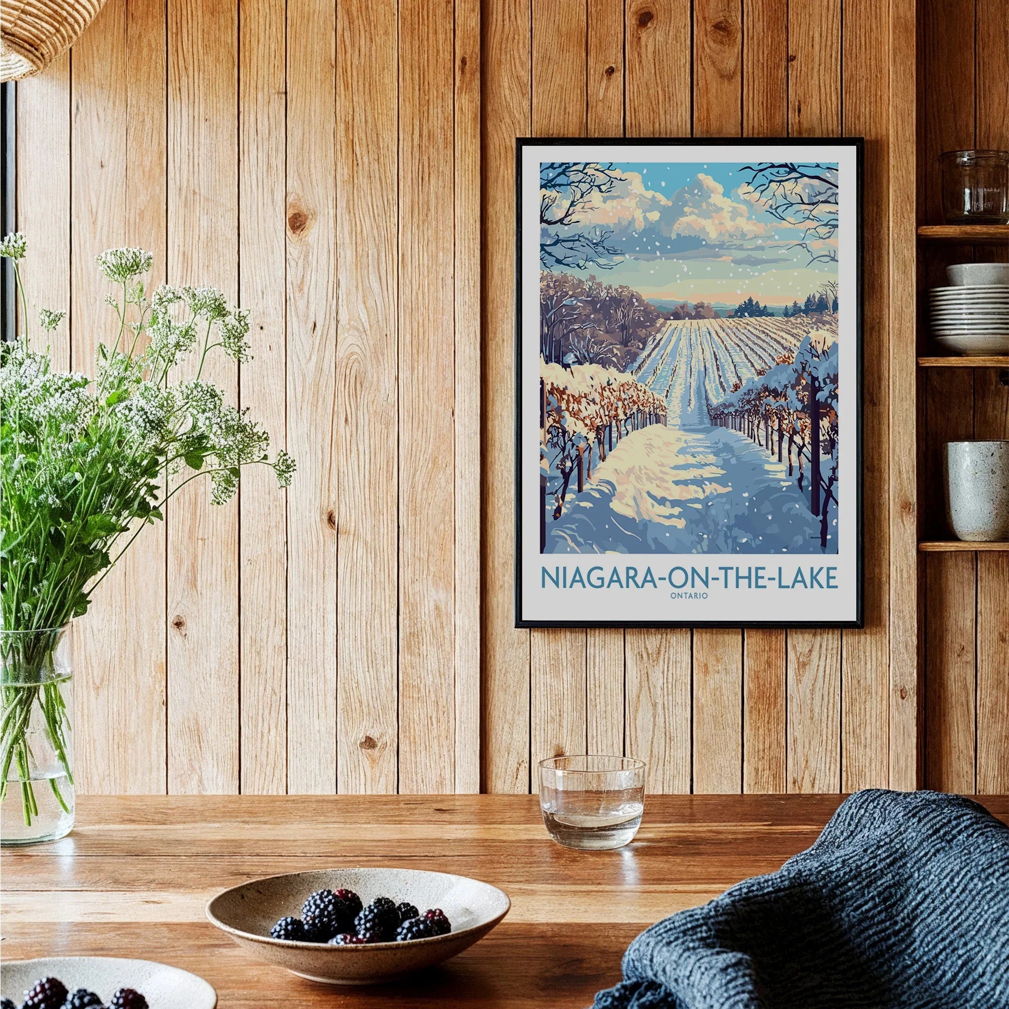 Niagara-on-the-Lake winter vineyard travel poster, Ontario wall art for home decor