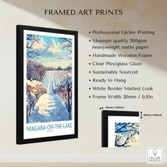 Framed Niagara-on-the-Lake winter vineyard art print, travel poster style wall decor with snowy landscape