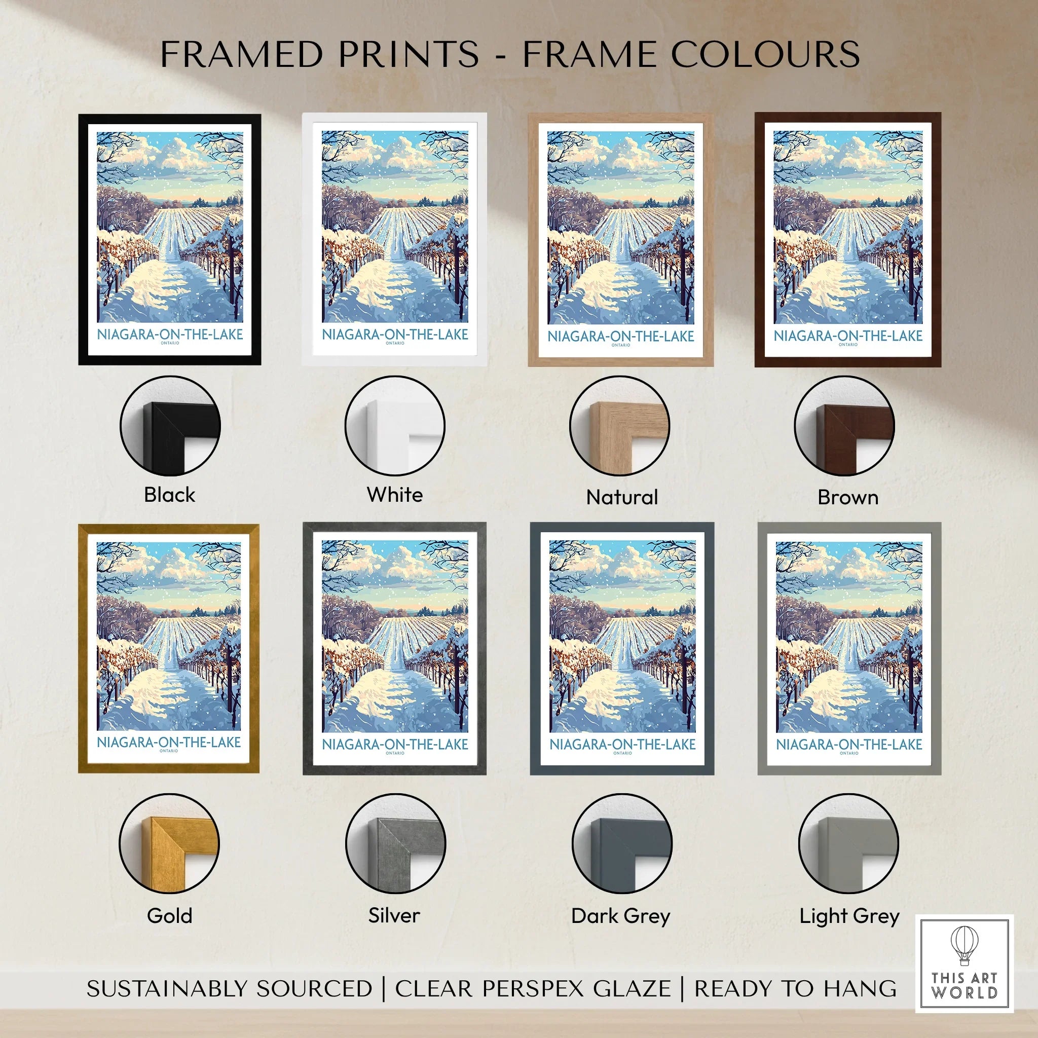 Niagara-on-the-Lake winter vineyard print in 8 frame colors, ready to hang wall art