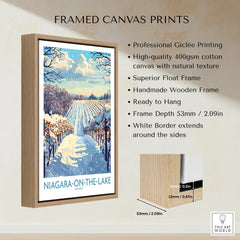 Framed canvas print of snowy Niagara-on-the-Lake vineyard, travel poster art with wooden float frame