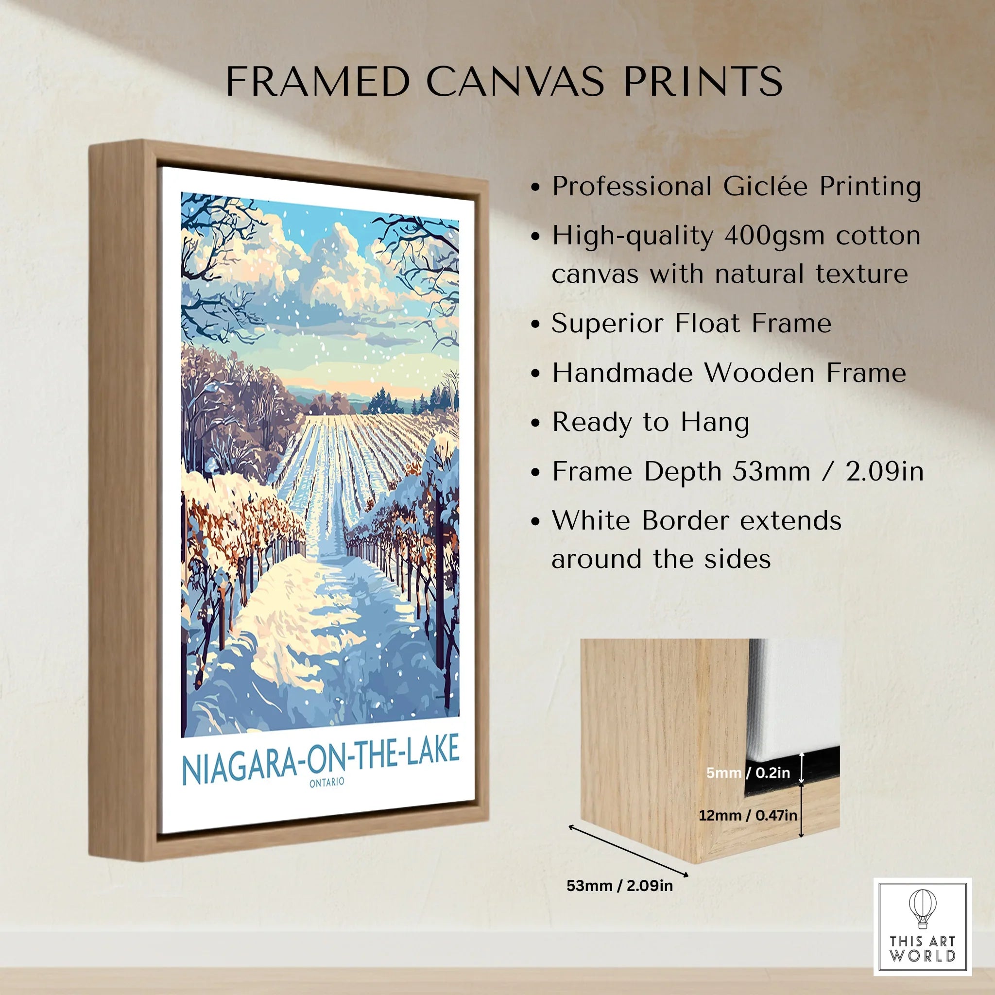 Framed canvas print of snowy Niagara-on-the-Lake vineyard, travel poster art with wooden float frame