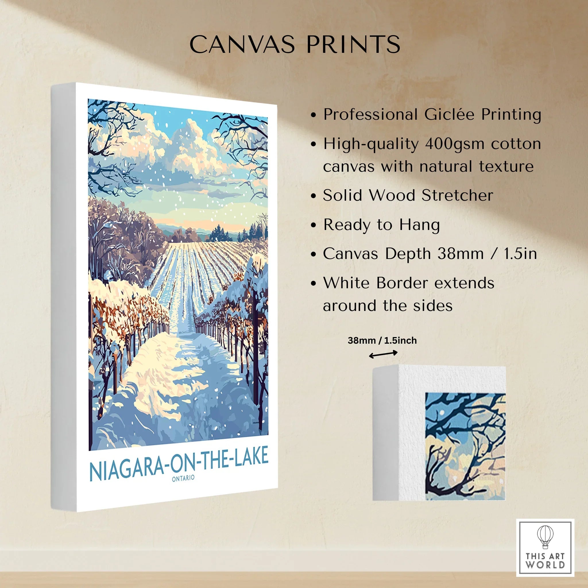 Niagara-on-the-Lake winter vineyard canvas print, snowy landscape wall art for home decor