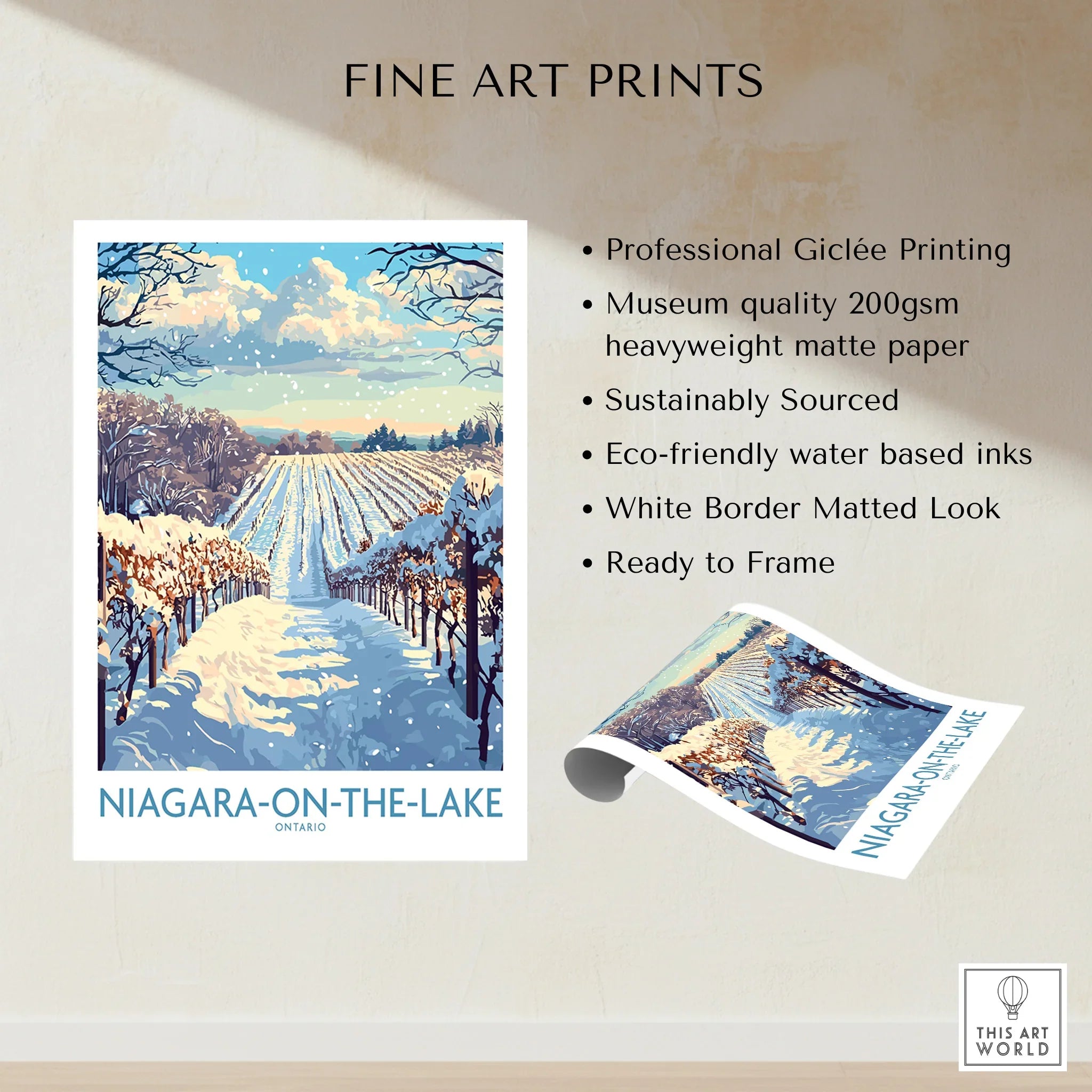 Niagara-on-the-Lake winter vineyard fine art print, snowy landscape travel poster, ready to frame wall art