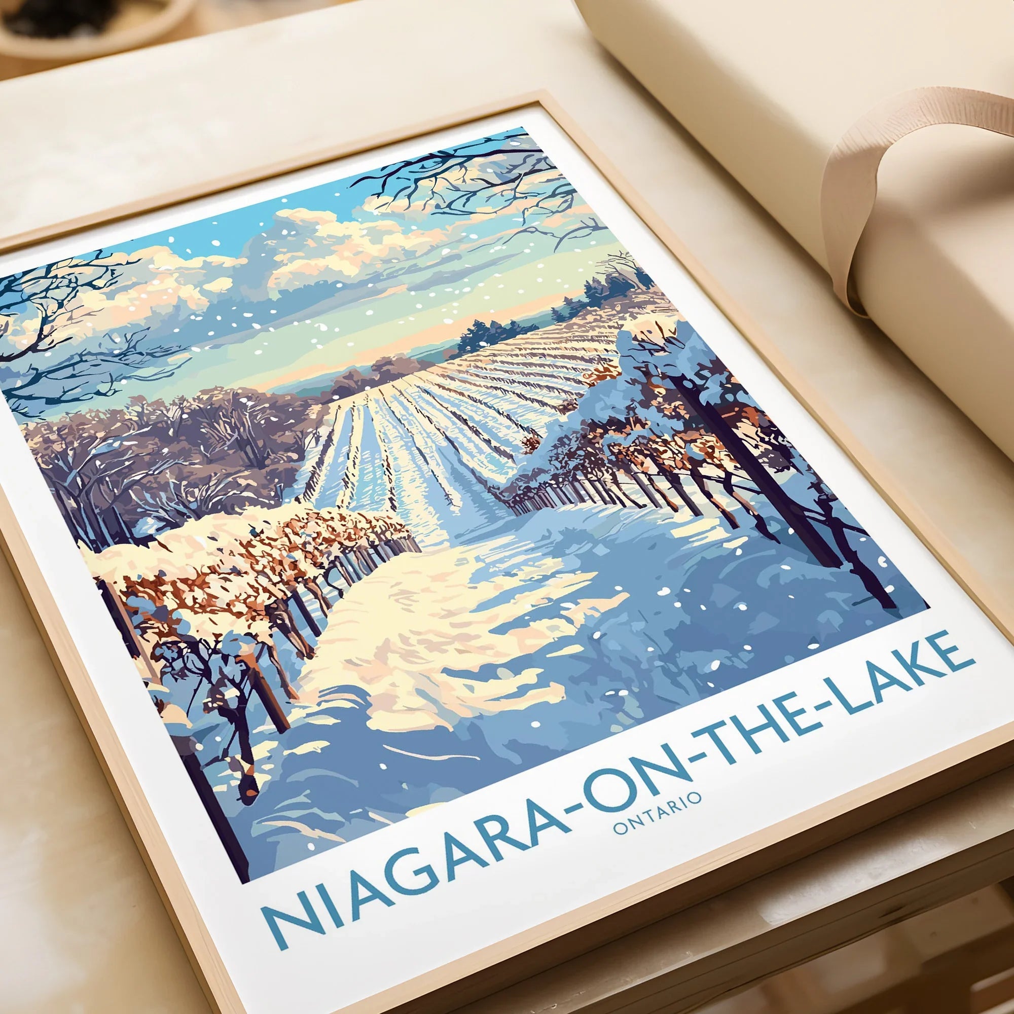 Framed Niagara-on-the-Lake winter vineyard travel poster, Ontario wall art for home decor