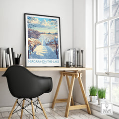 Niagara-on-the-Lake winter travel poster with snow-covered vineyards, framed wall art for home decor