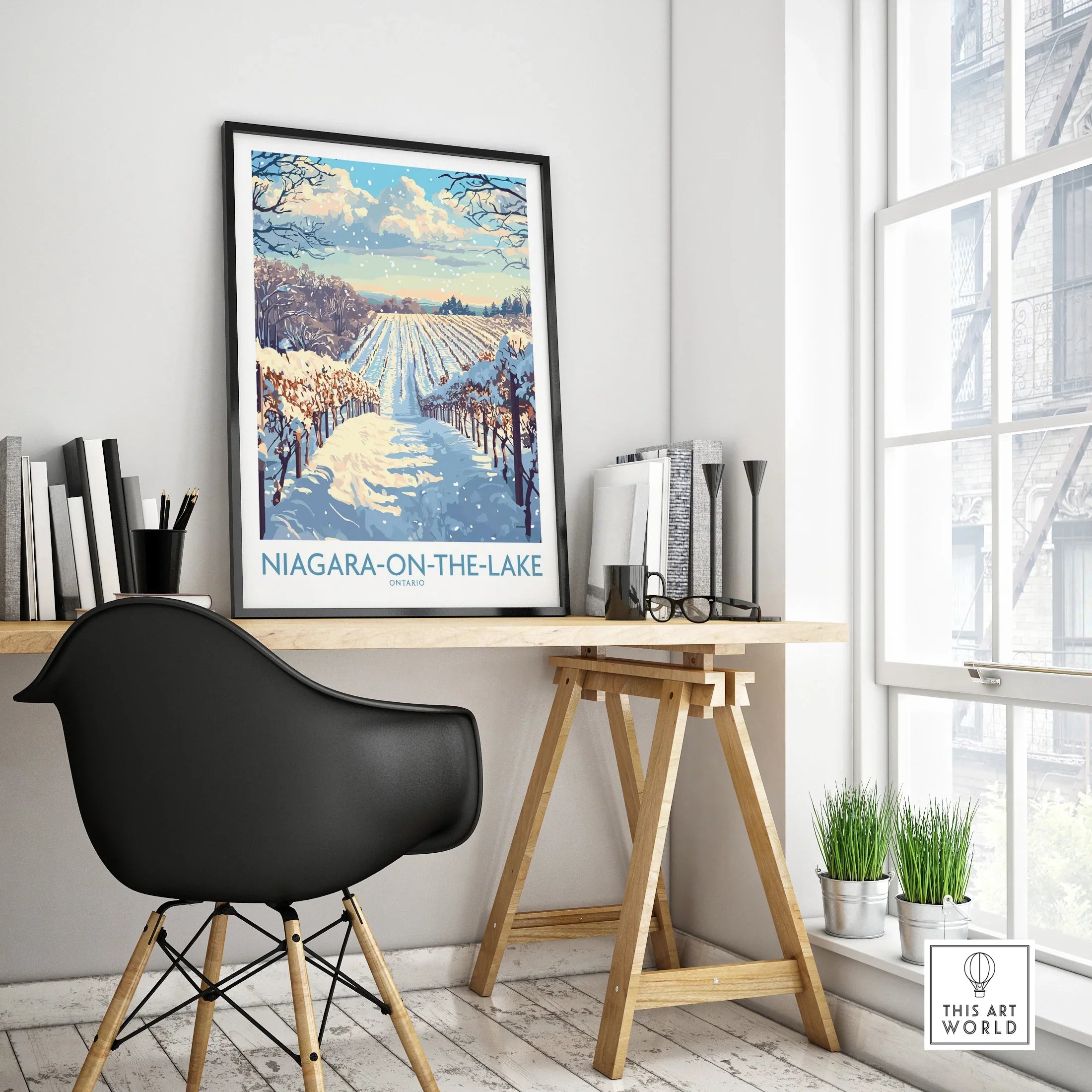 Niagara-on-the-Lake winter travel poster with snow-covered vineyards, framed wall art for home decor