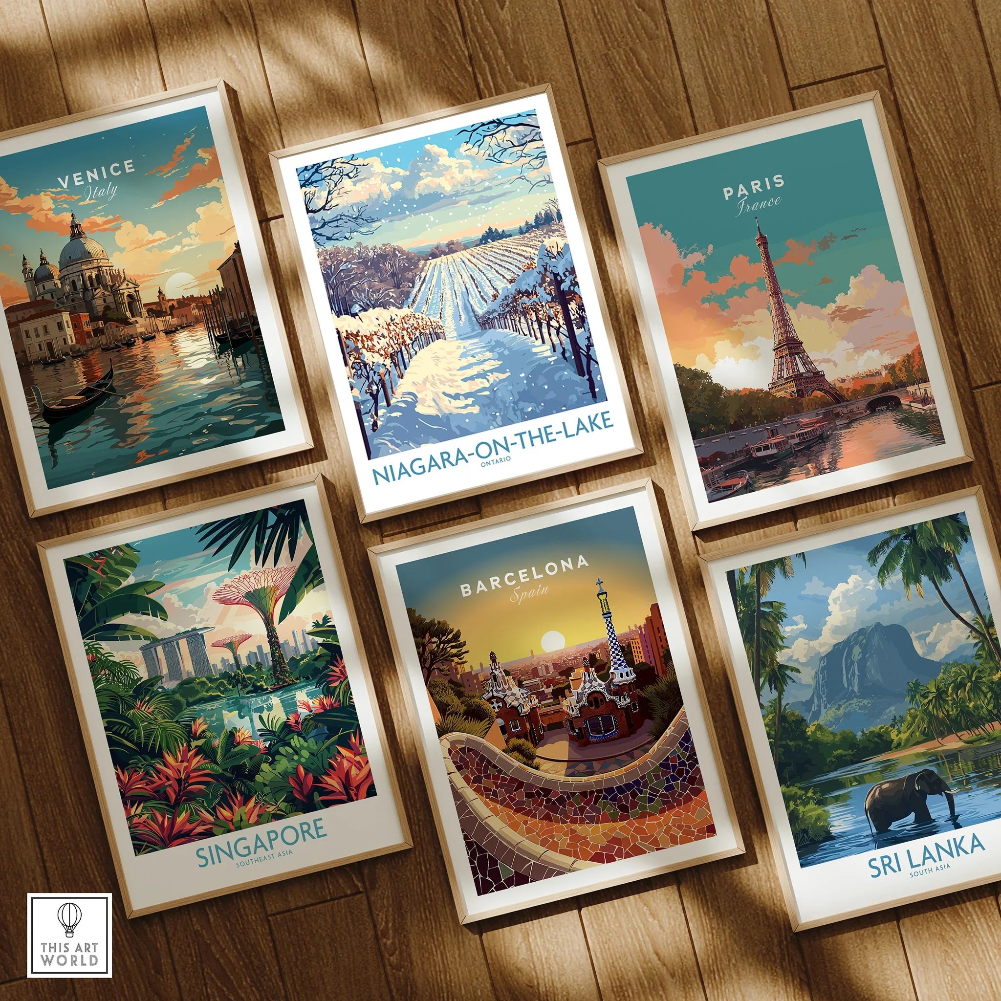Framed travel posters of Venice, Paris, Singapore, Barcelona, Sri Lanka, and Niagara-on-the-Lake for wall art decor