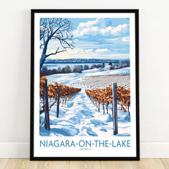 Niagara-on-the-Lake winter vineyard travel poster, snow-covered rows, blue sky, Ontario wall art print