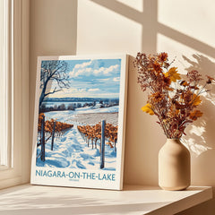 Niagara-on-the-Lake winter vineyard travel poster, snowy landscape wall art for home decor