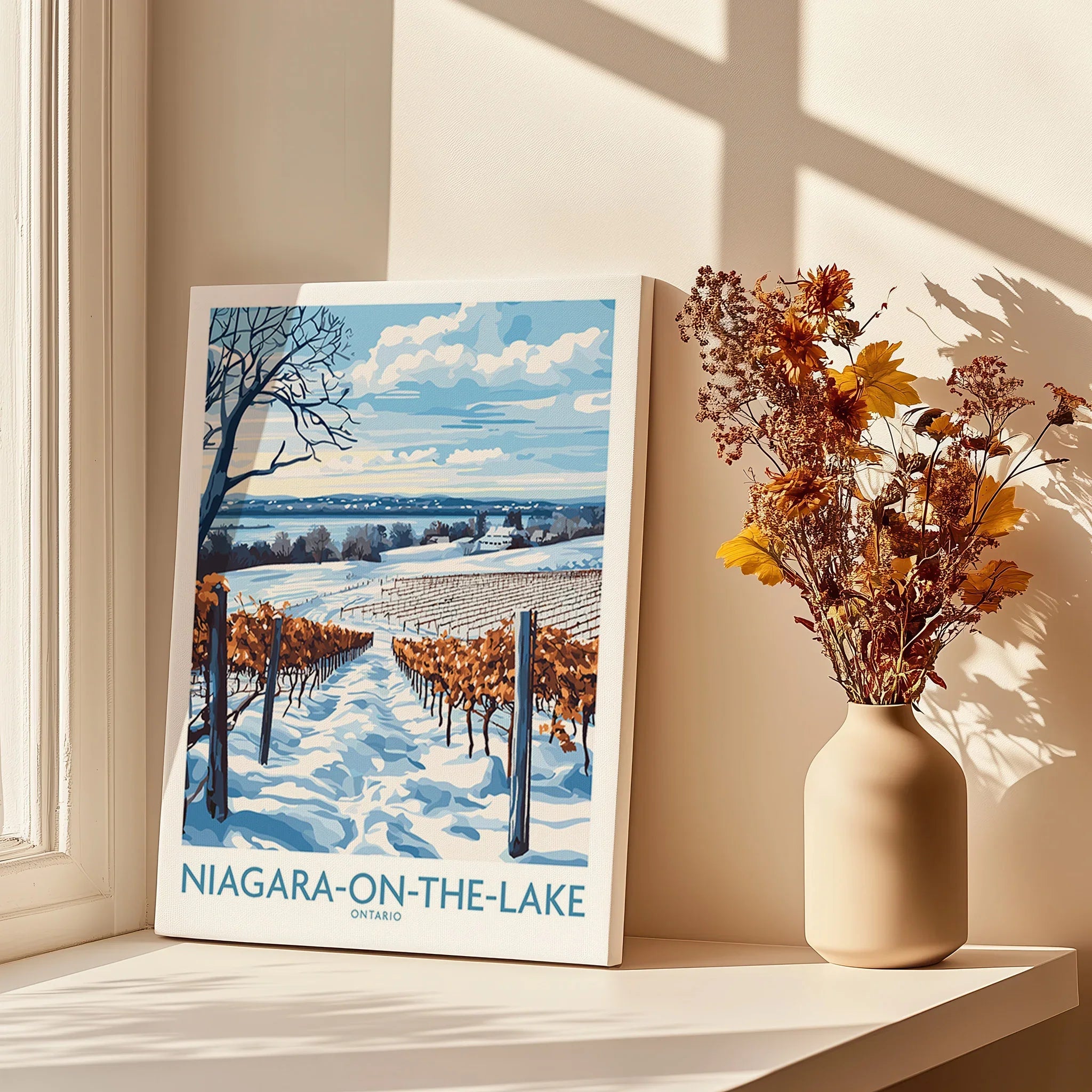 Niagara-on-the-Lake winter vineyard travel poster, snowy landscape wall art for home decor