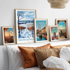 Framed travel posters of Paris, Copenhagen, Tokyo, Barcelona & Niagara-on-the-Lake for home wall art decor