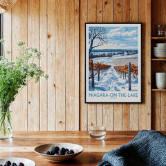 Niagara-on-the-Lake winter vineyard travel poster, Ontario wall art for home decor