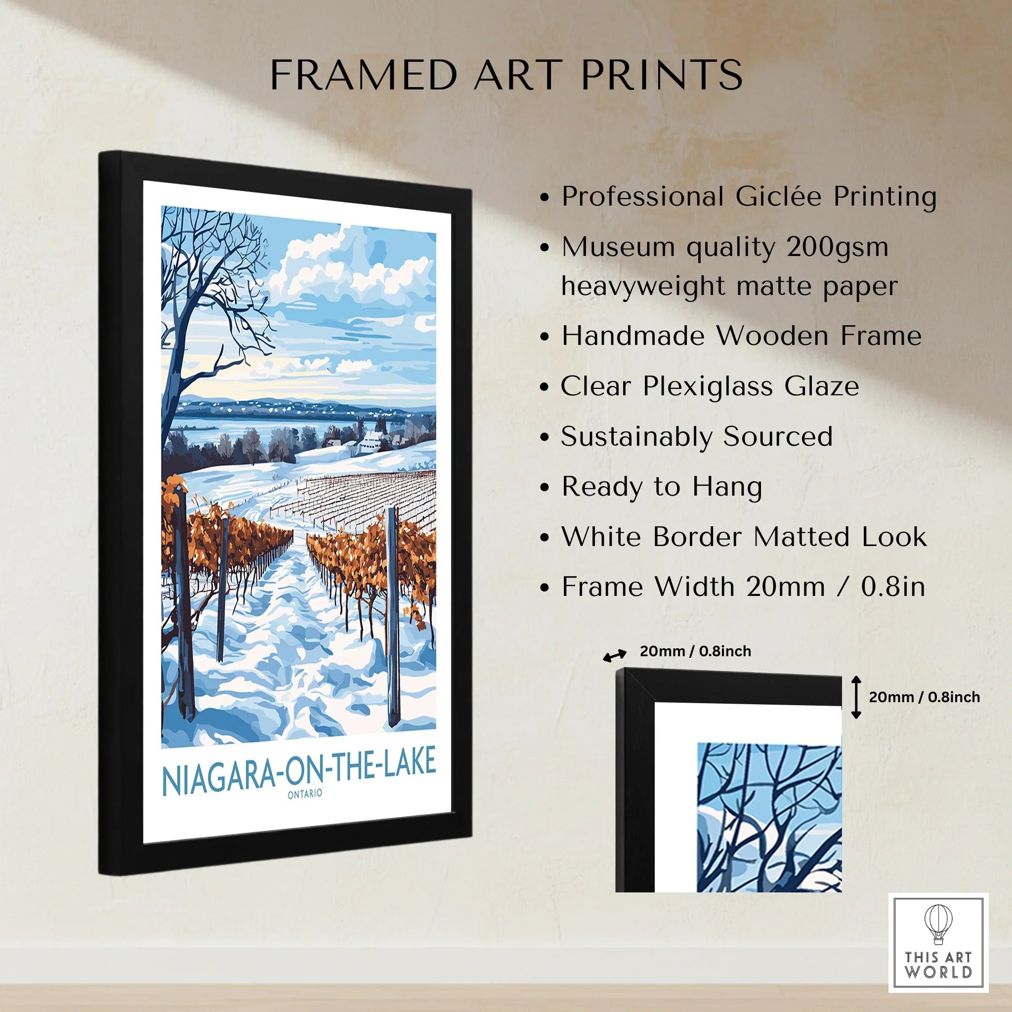 Framed Niagara-on-the-Lake winter vineyard art print with snowy landscape and blue sky, perfect for home decor