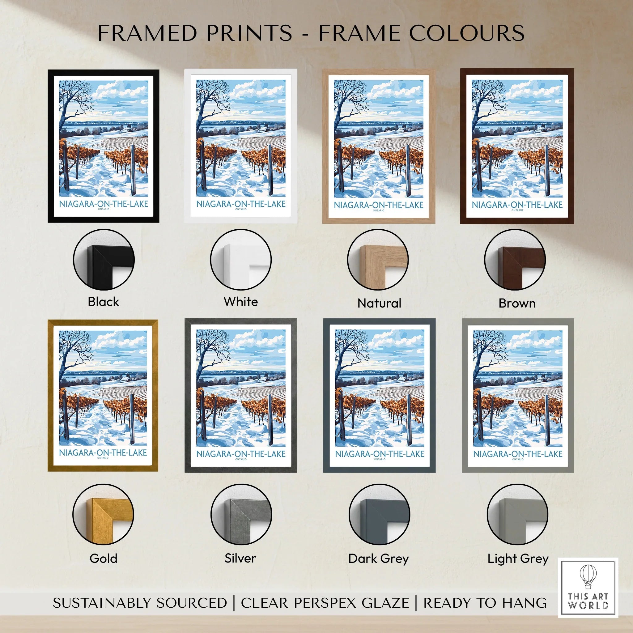 Niagara-on-the-Lake winter vineyard print in 8 frame colors, ready to hang wall art
